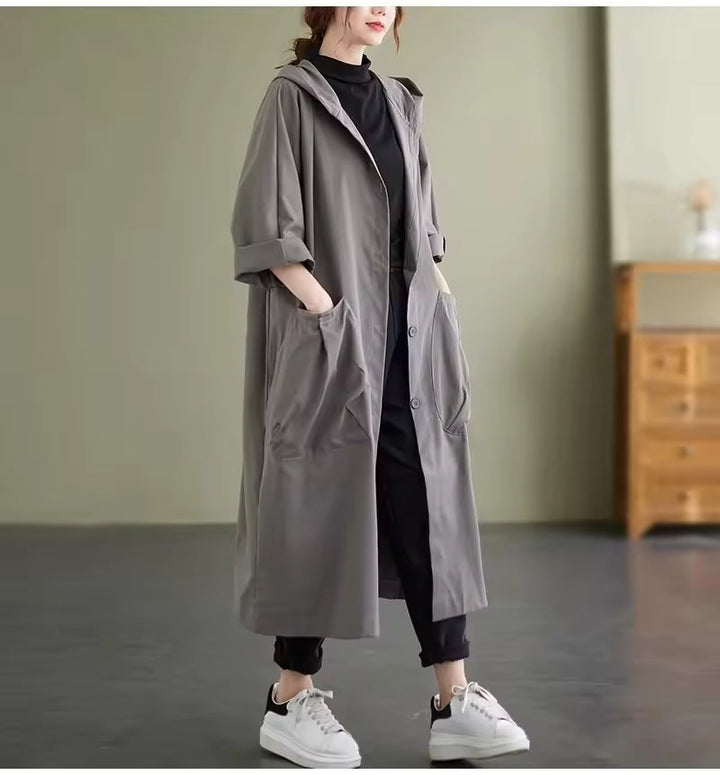 Long Women's Coat with Double Buttons 