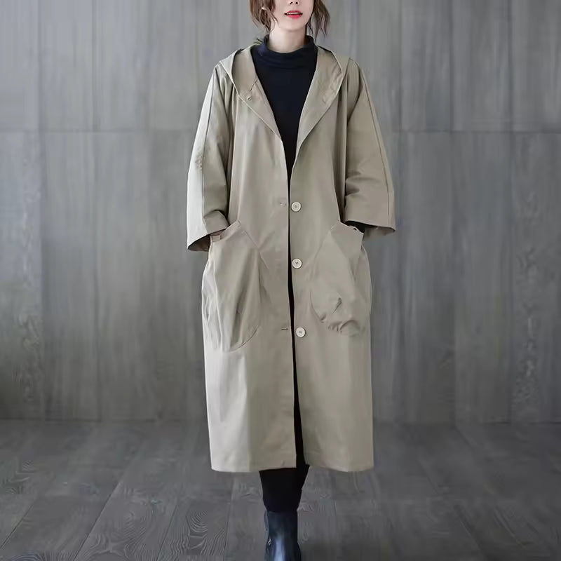 Long Women's Coat with Double Buttons 